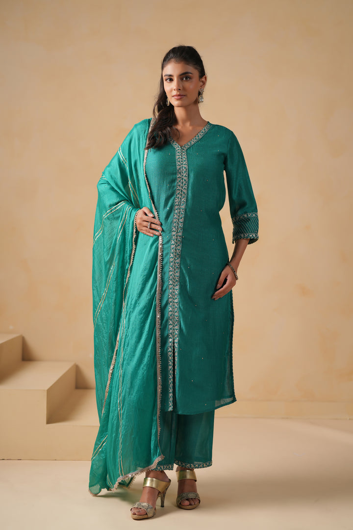 Green Silk Blend Embroidered Kurta Pant Set With Dupatta