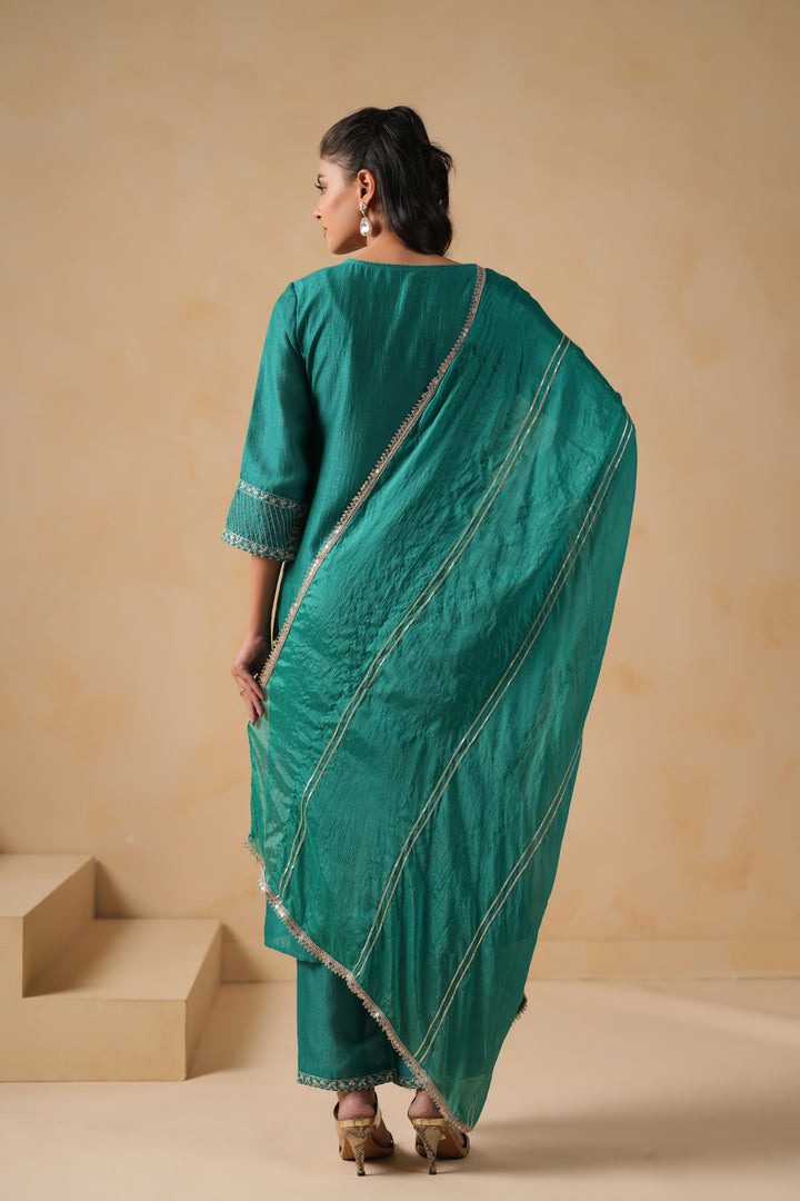 Green Silk Blend Embroidered Kurta Pant Set With Dupatta
