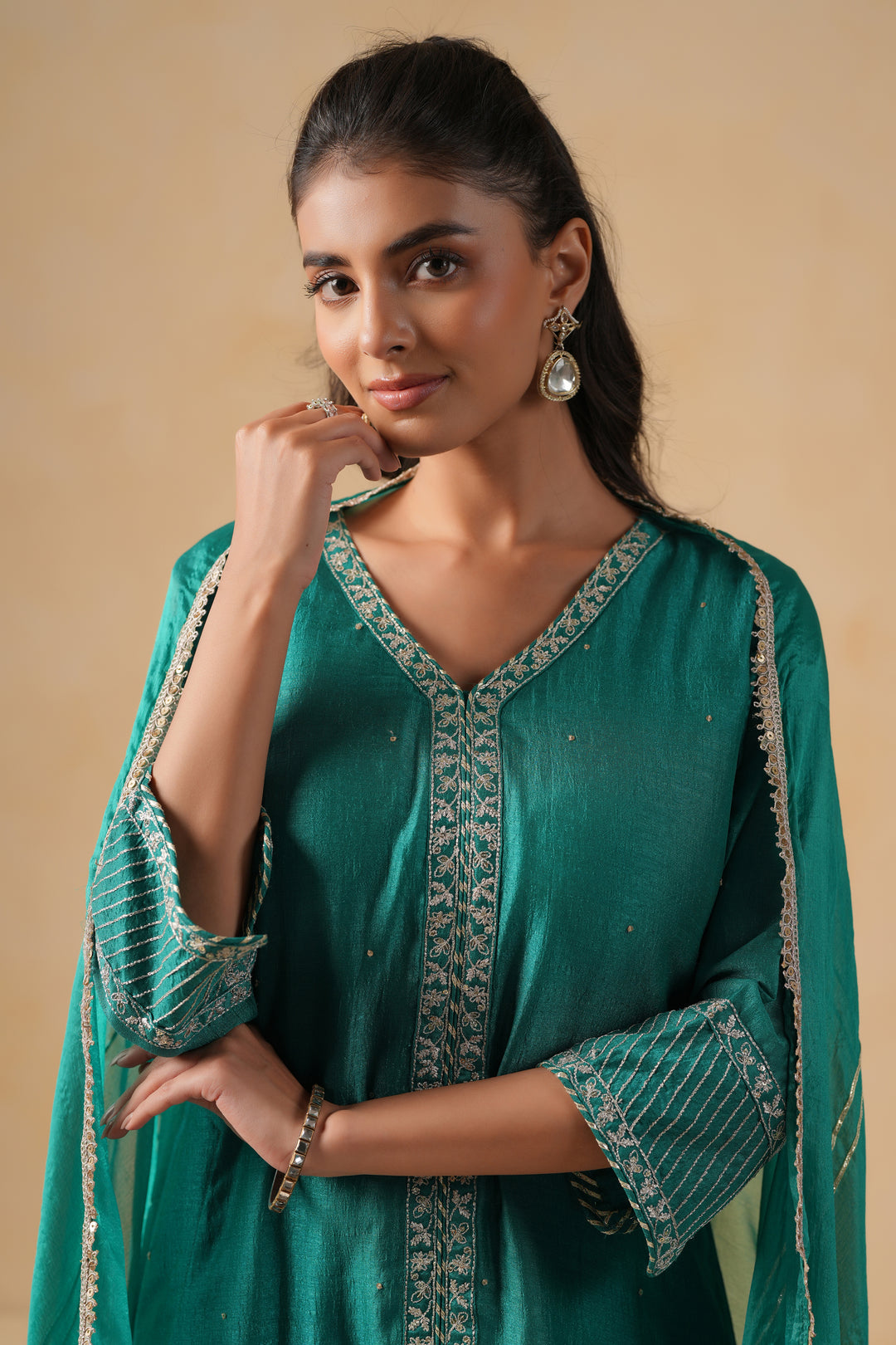 Green Silk Blend Embroidered Kurta Pant Set With Dupatta