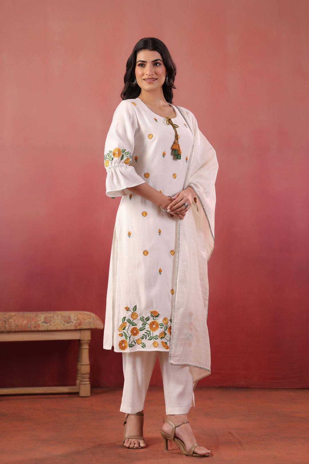 White Polyester Embroidered Designer Kurta Pant With Dupatta Set