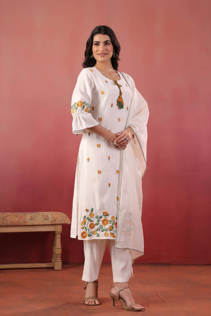 White Polyester Embroidered Designer Kurta Pant With Dupatta Set