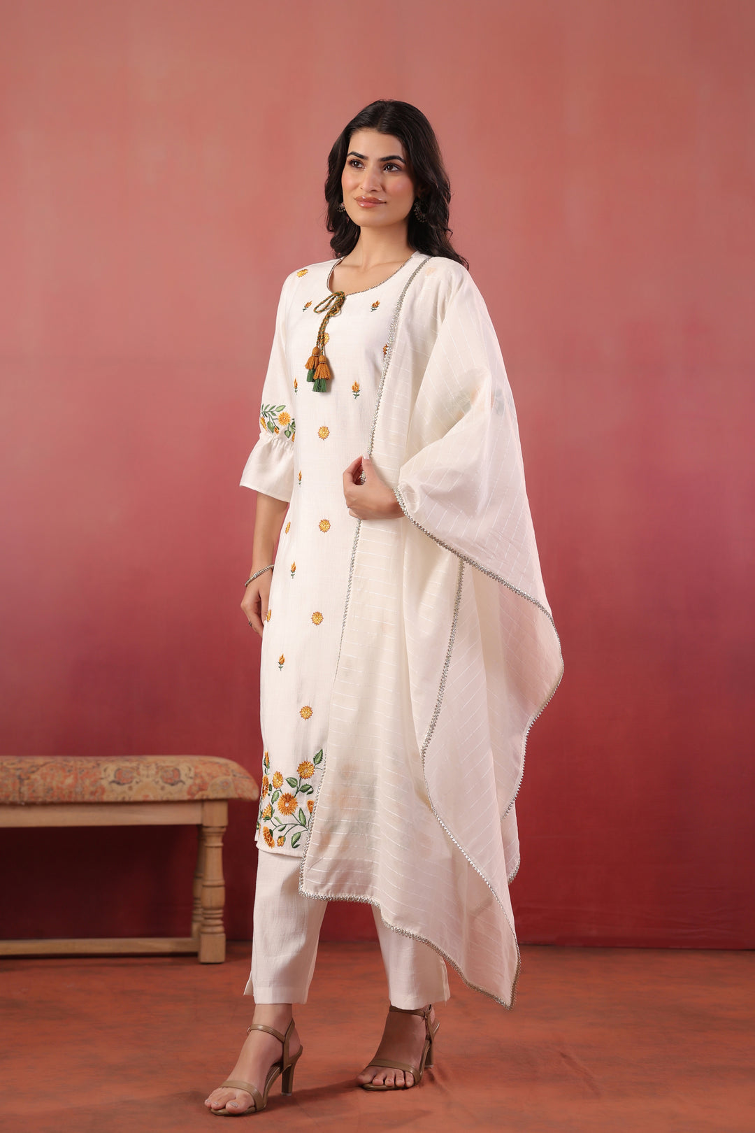 White Polyester Embroidered Designer Kurta Pant With Dupatta Set