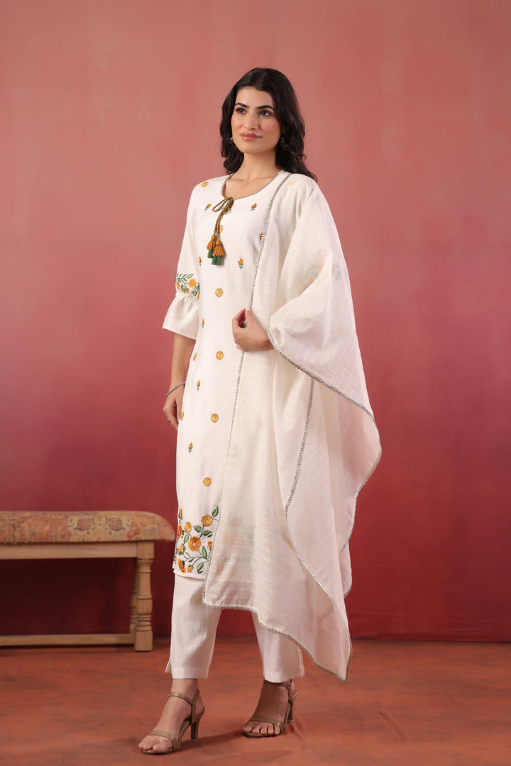 White Polyester Embroidered Designer Kurta Pant With Dupatta Set