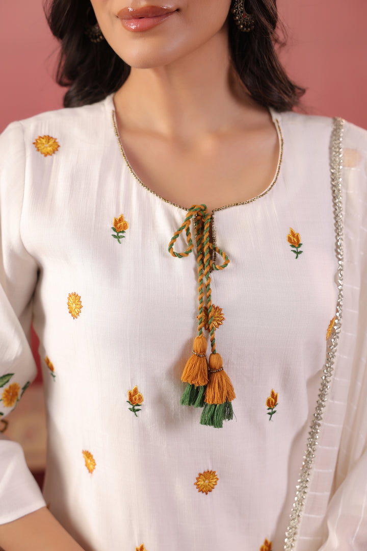 White Polyester Embroidered Designer Kurta Pant With Dupatta Set