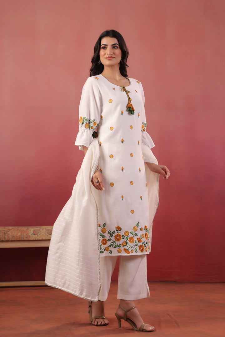 White Polyester Embroidered Designer Kurta Pant With Dupatta Set
