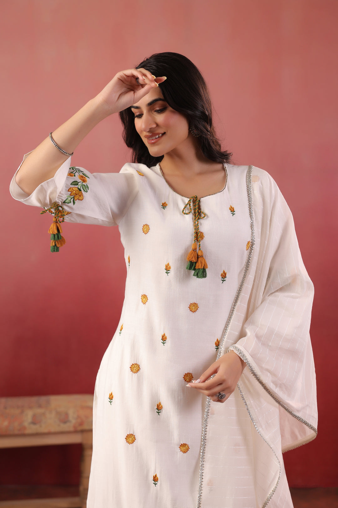 White Polyester Embroidered Designer Kurta Pant With Dupatta Set