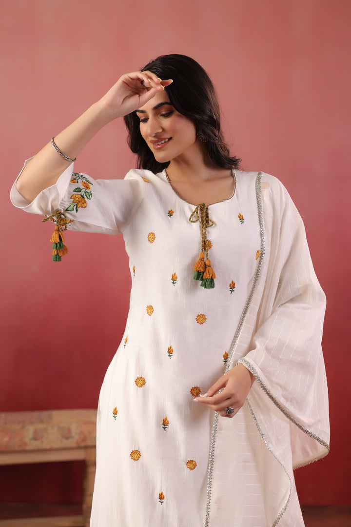White Polyester Embroidered Designer Kurta Pant With Dupatta Set