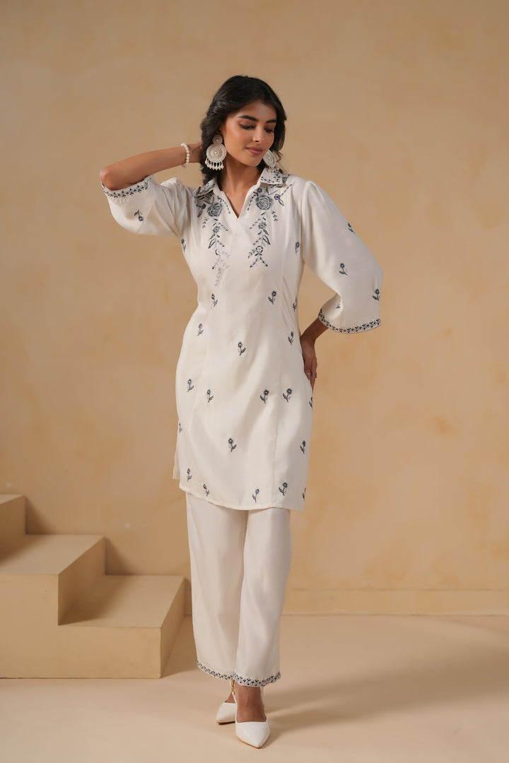 Poly Silk White Embroidered Designer Kurta Pant
