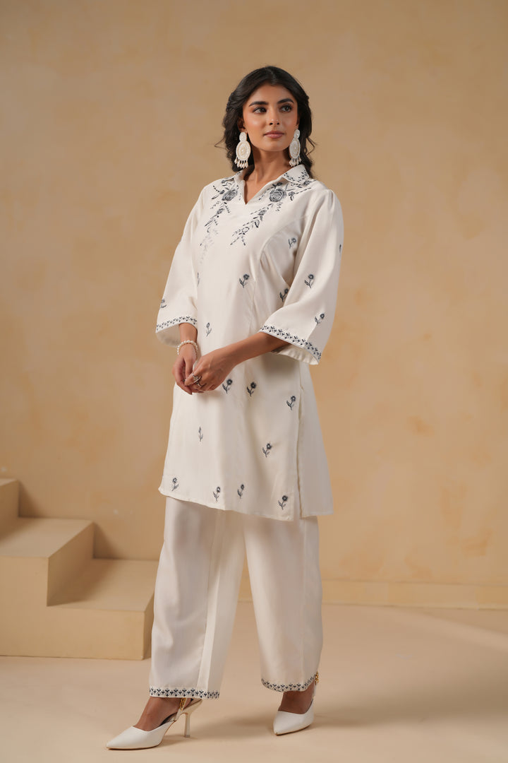 Poly Silk White Embroidered Designer Kurta Pant