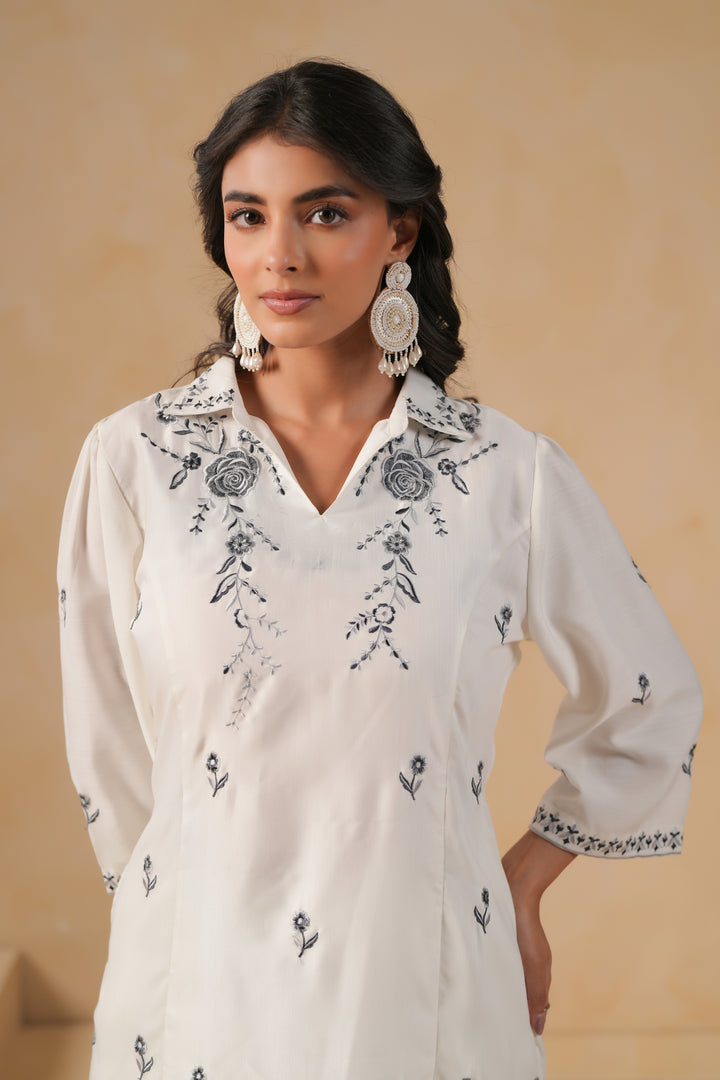 Poly Silk White Embroidered Designer Kurta Pant