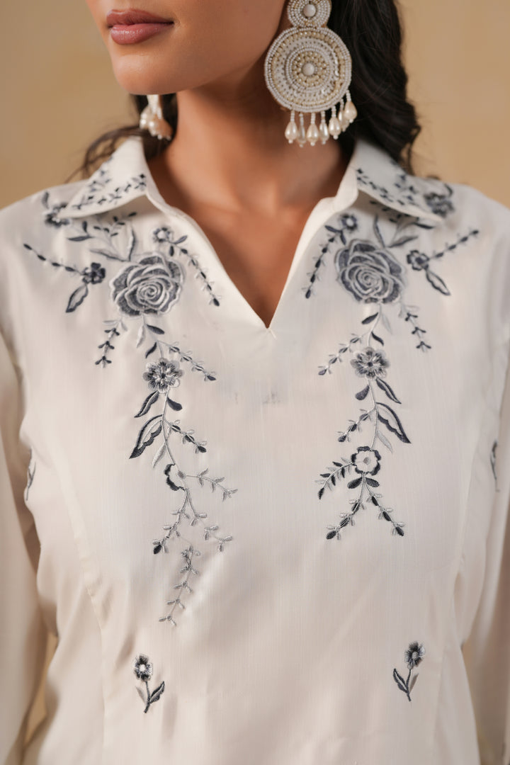 Poly Silk White Embroidered Designer Kurta Pant