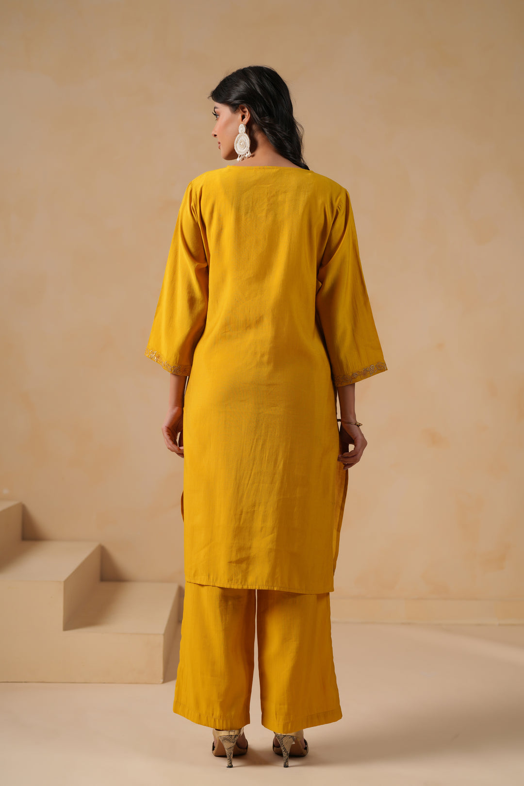 Mustard Poly Silk Embroidered Designer Kurta Pant Set