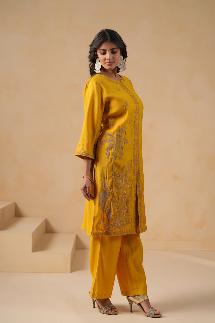 Mustard Poly Silk Embroidered Designer Kurta Pant Set