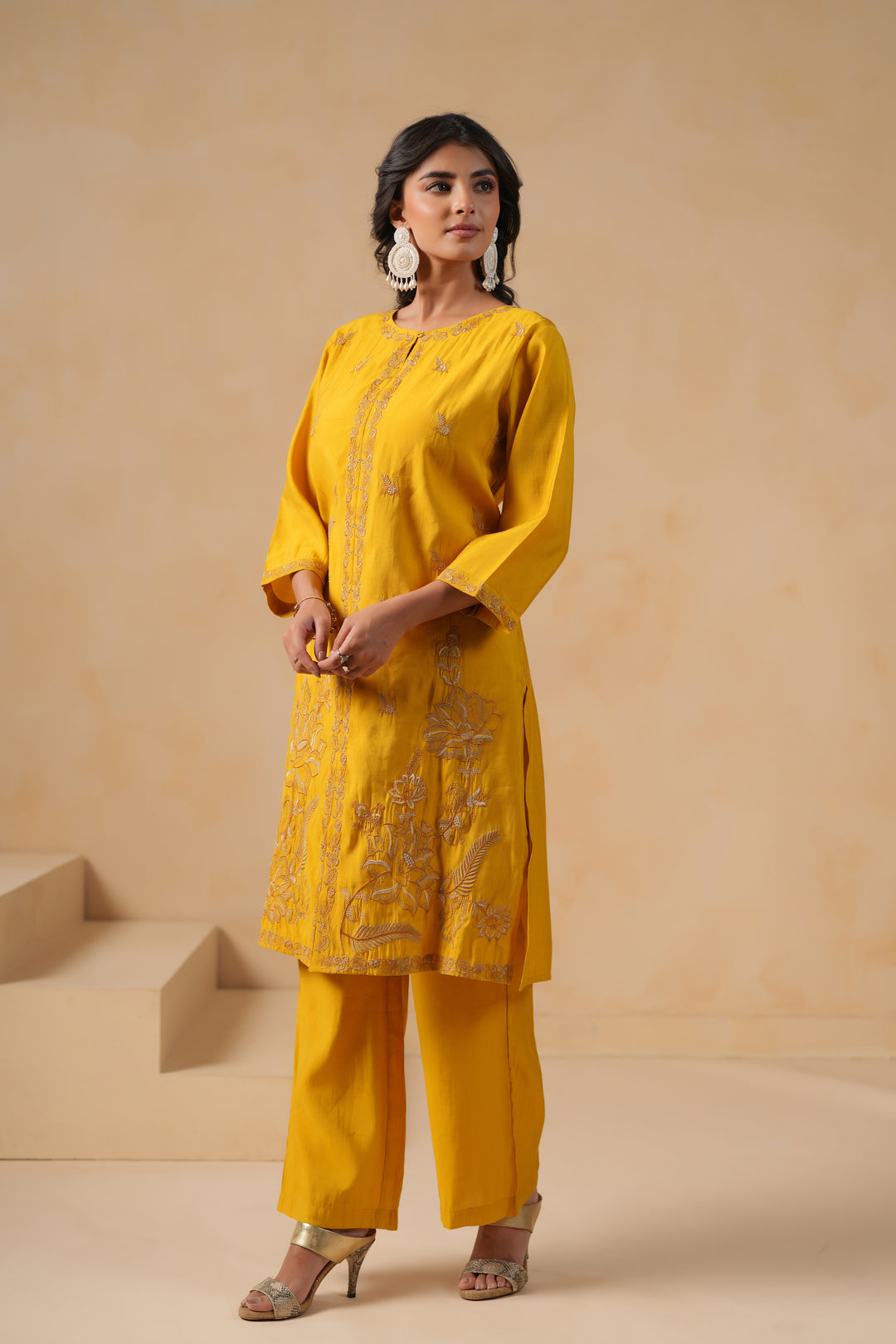 Mustard Poly Silk Embroidered Designer Kurta Pant Set