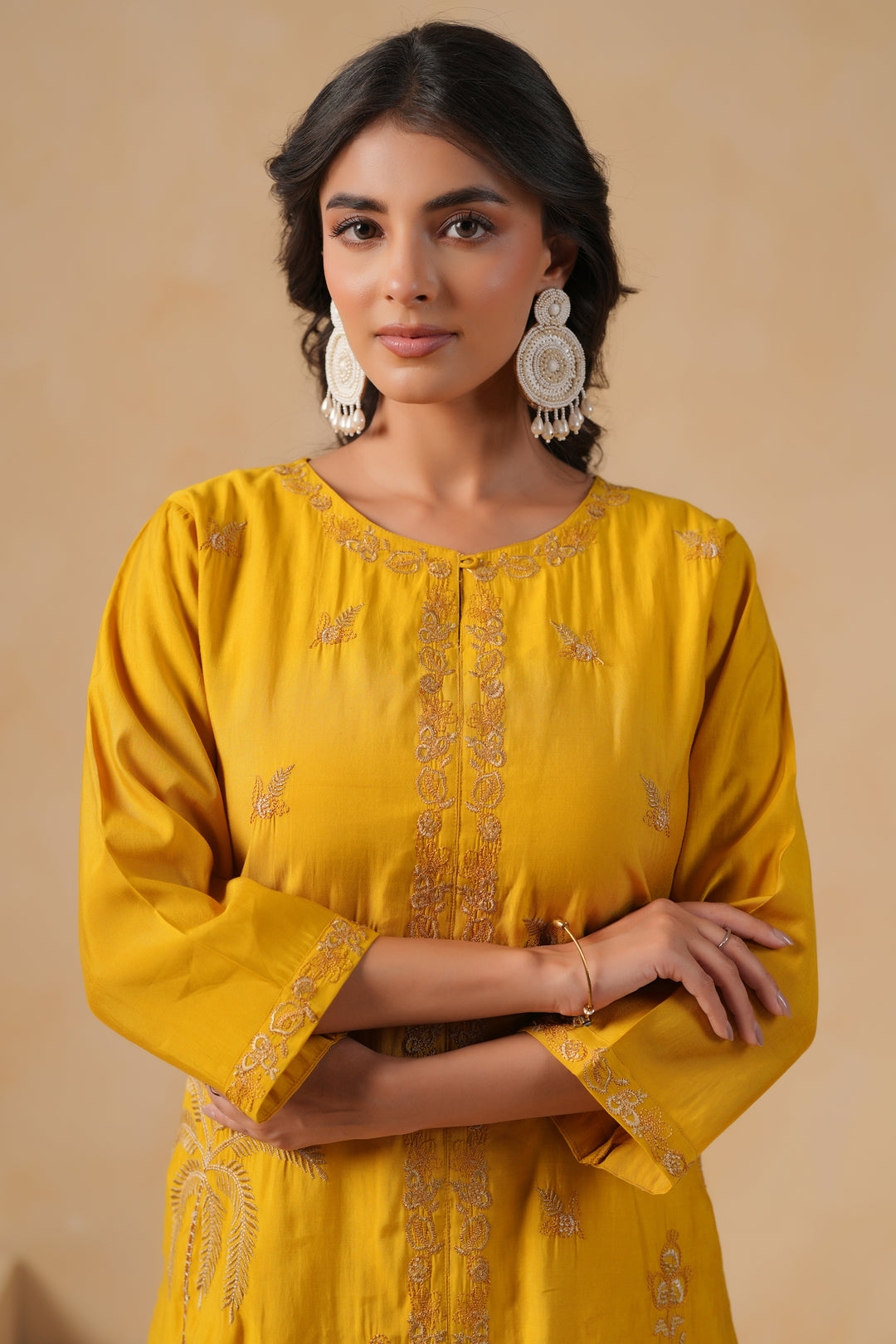 Mustard Poly Silk Embroidered Designer Kurta Pant Set