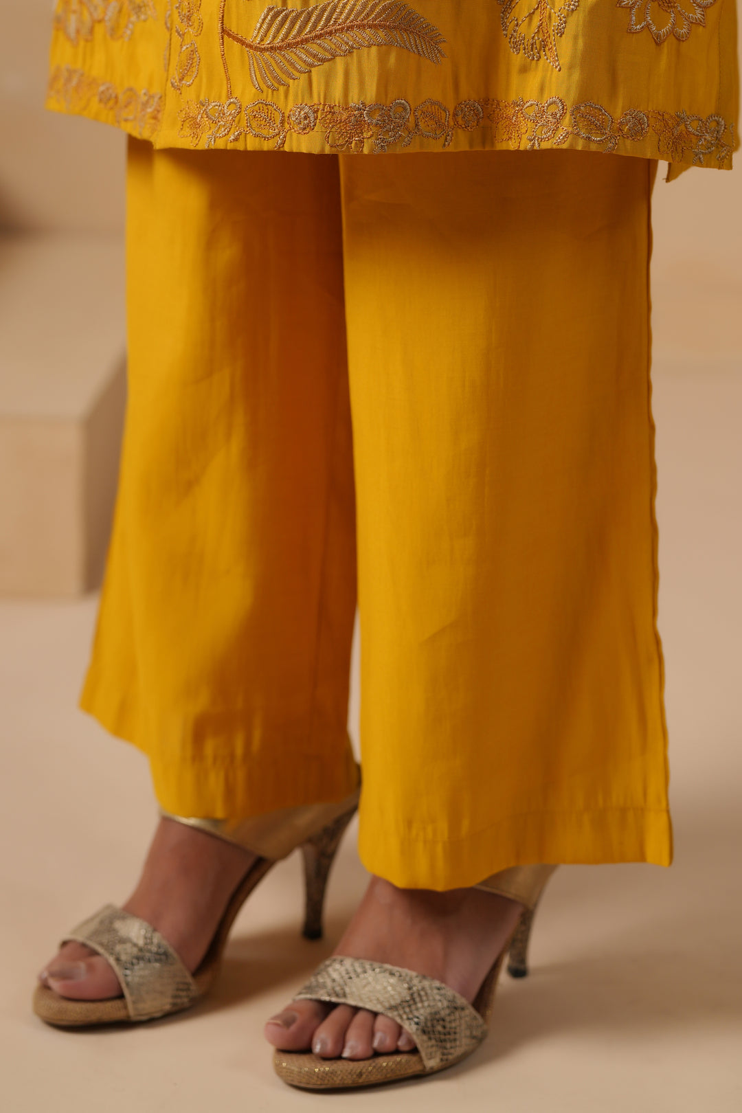 Mustard Poly Silk Embroidered Designer Kurta Pant Set