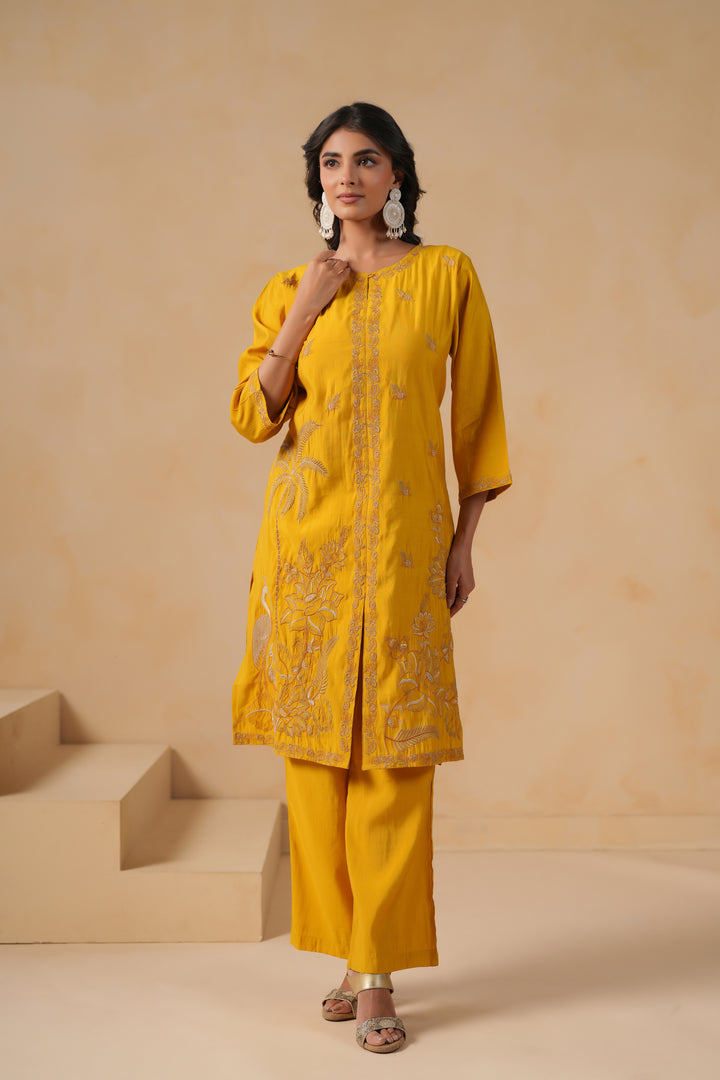 Mustard Poly Silk Embroidered Designer Kurta Pant Set