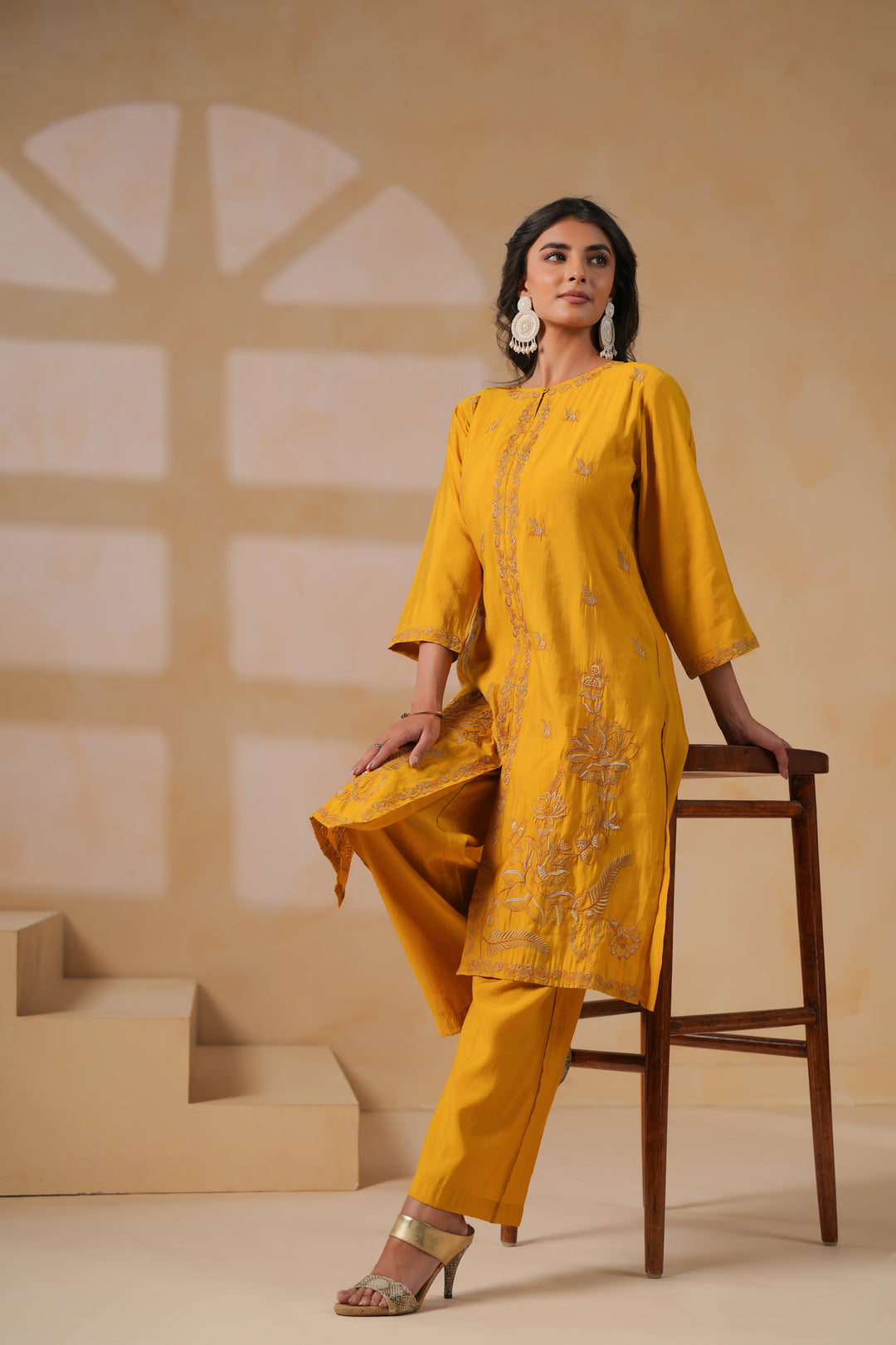 Mustard Poly Silk Embroidered Designer Kurta Pant Set
