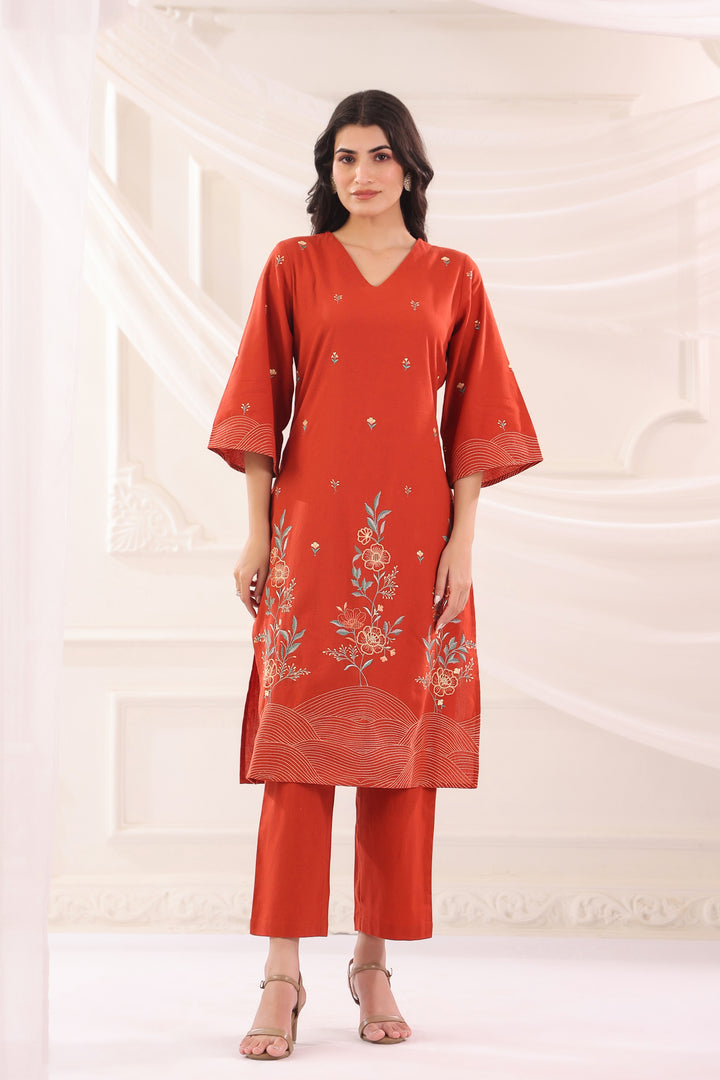 Rust Cotton Flex Embroidered Designer Kurta Pant Set