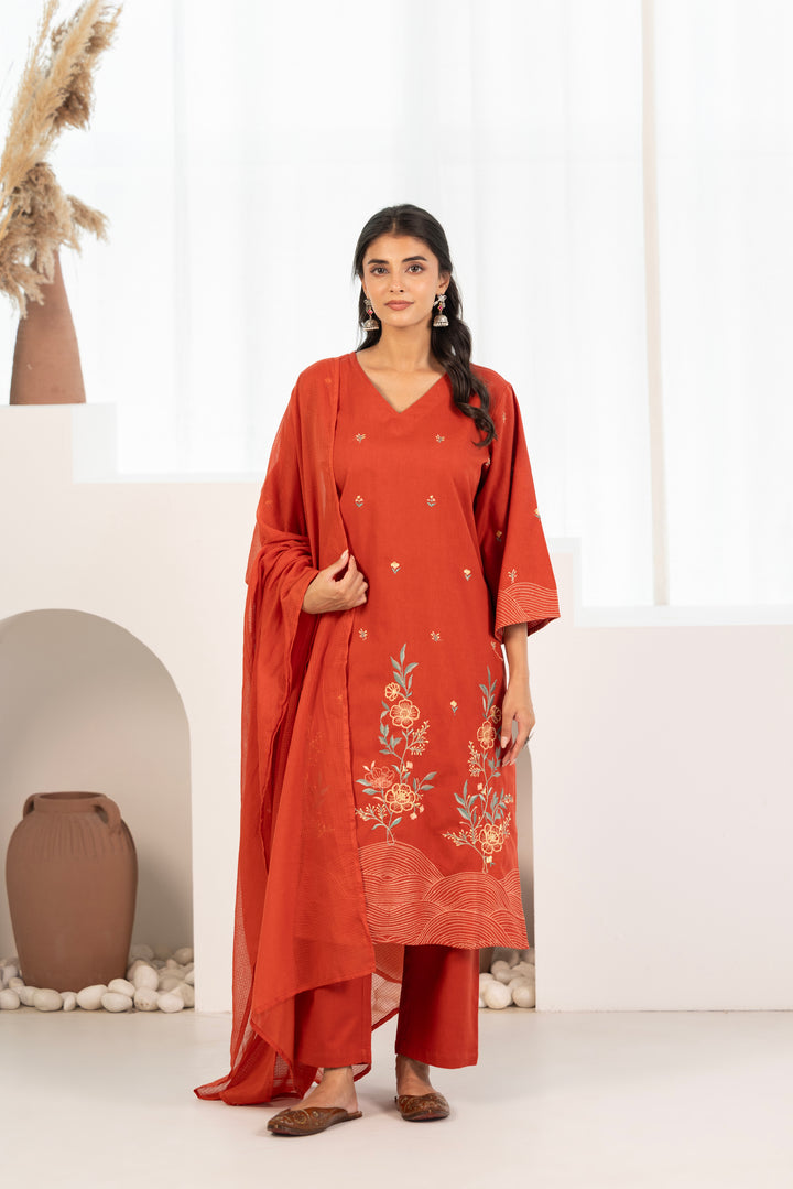 Rust Cotton Flex Embroidered Designer Kurta Pant With Dupatta Set