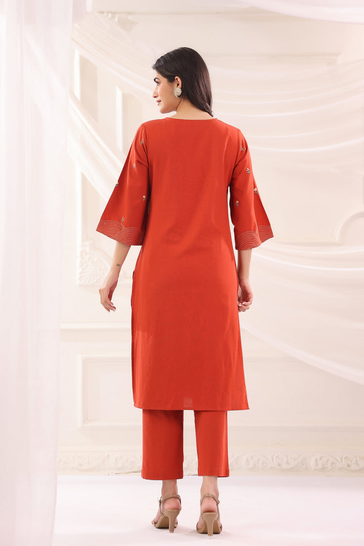 Rust Cotton Flex Embroidered Designer Kurta Pant Set