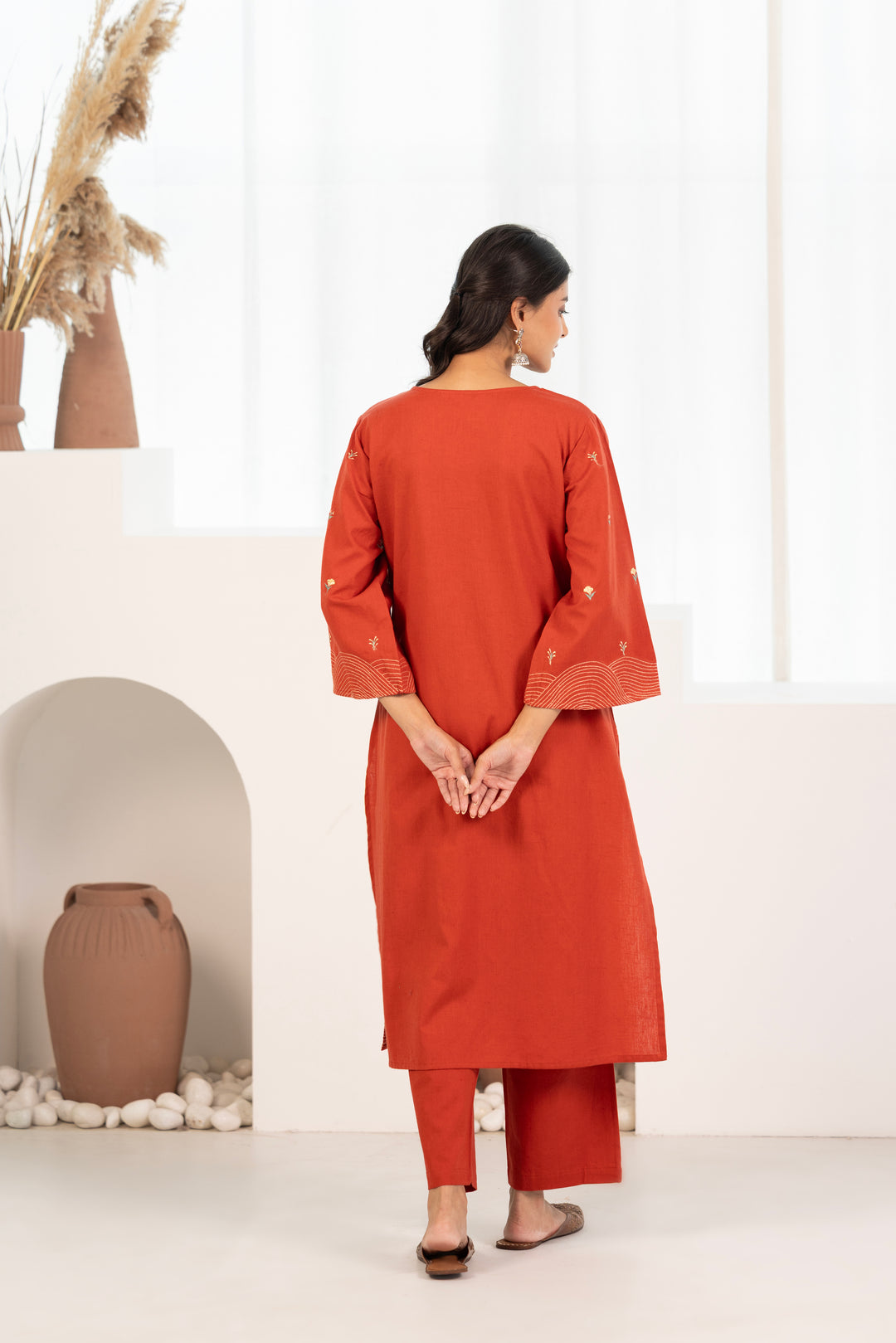 Rust Cotton Flex Embroidered Designer Kurta Pant With Dupatta Set