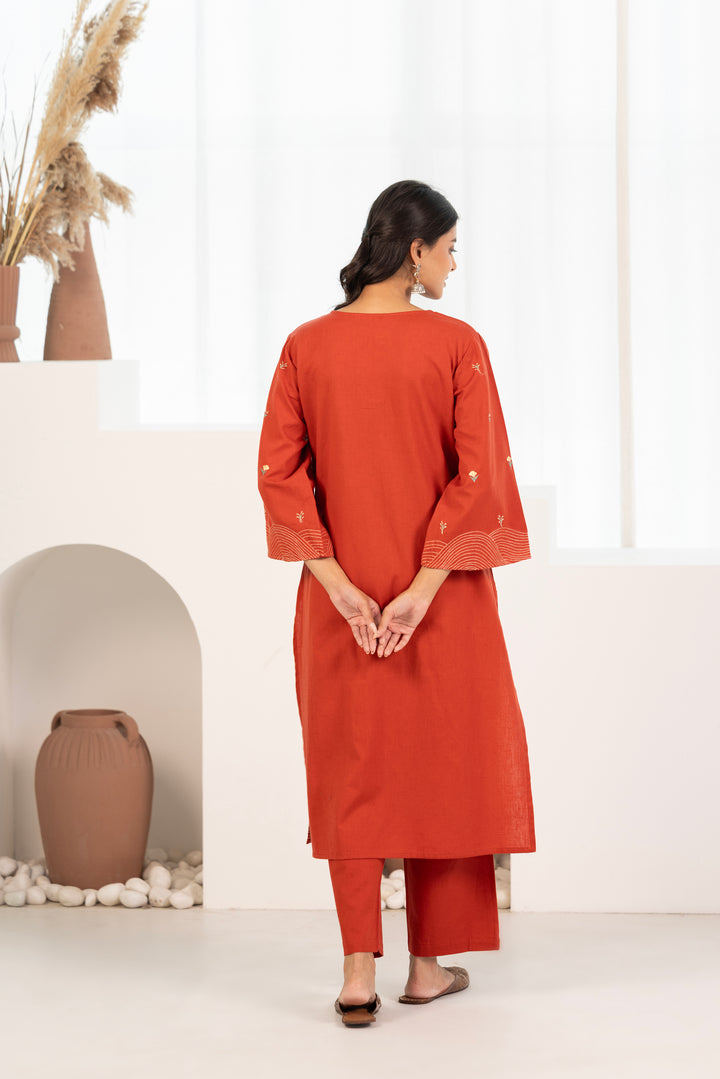 Rust Cotton Flex Embroidered Designer Kurta Pant With Dupatta Set