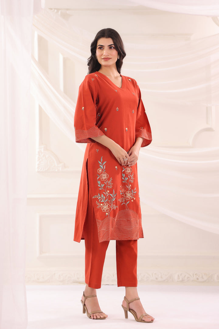 Rust Cotton Flex Embroidered Designer Kurta Pant Set
