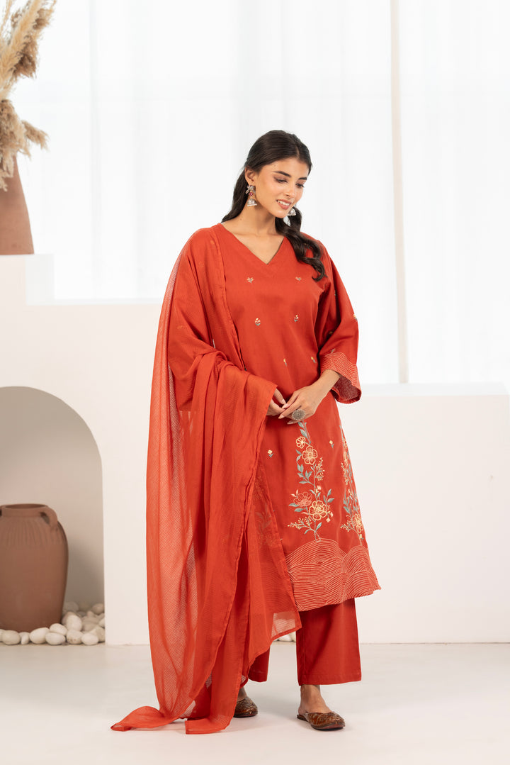 Rust Cotton Flex Embroidered Designer Kurta Pant With Dupatta Set
