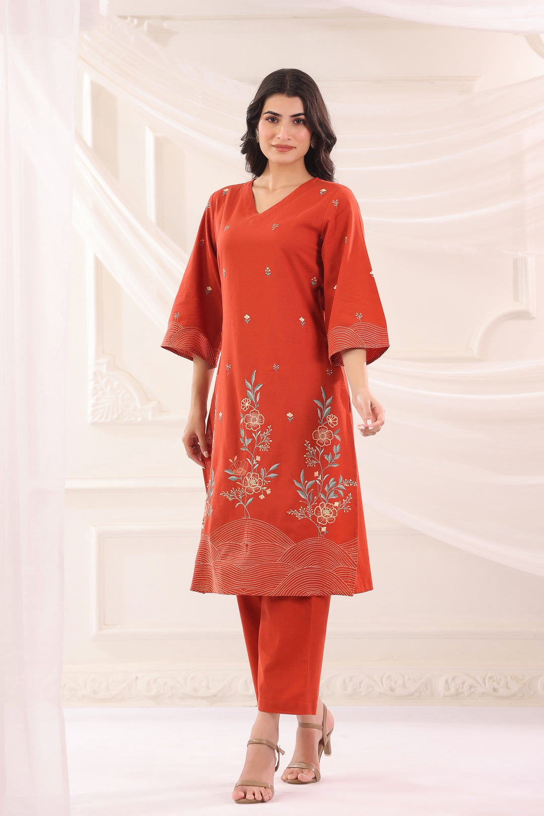 Rust Cotton Flex Embroidered Designer Kurta Pant Set