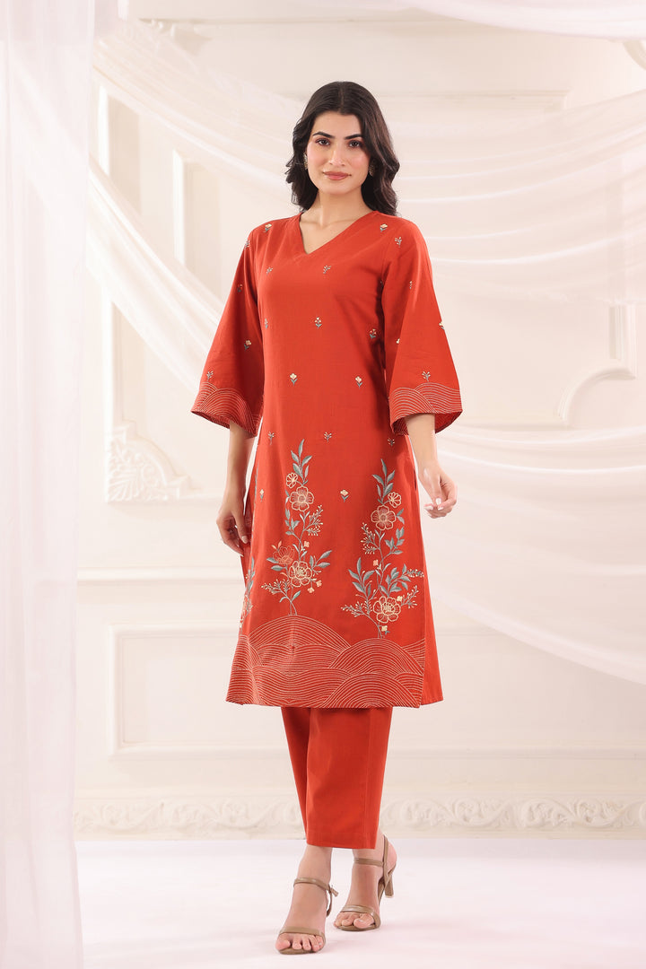 Rust Cotton Flex Embroidered Designer Kurta Pant Set