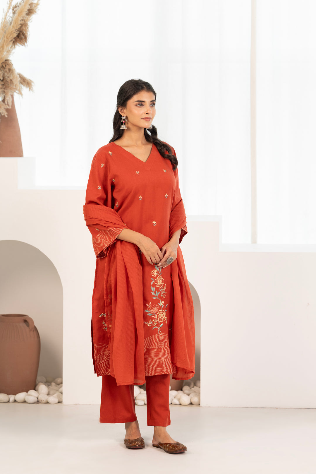 Rust Cotton Flex Embroidered Designer Kurta Pant With Dupatta Set
