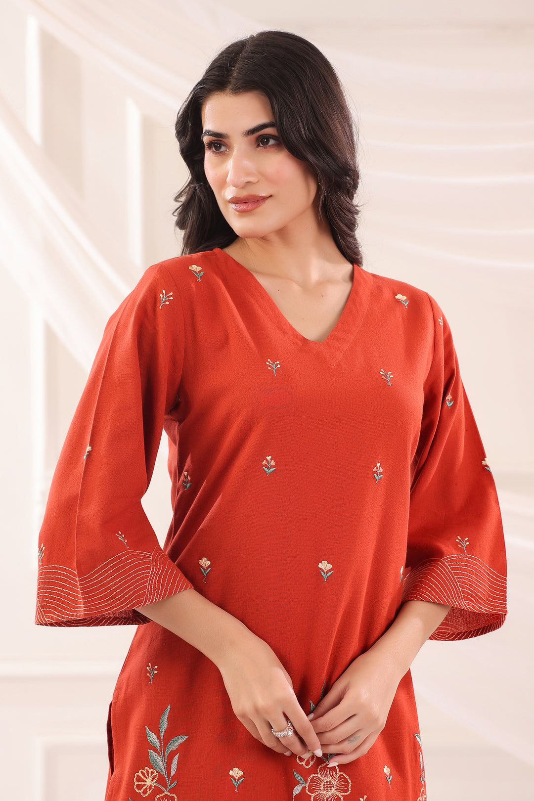 Rust Cotton Flex Embroidered Designer Kurta Pant Set