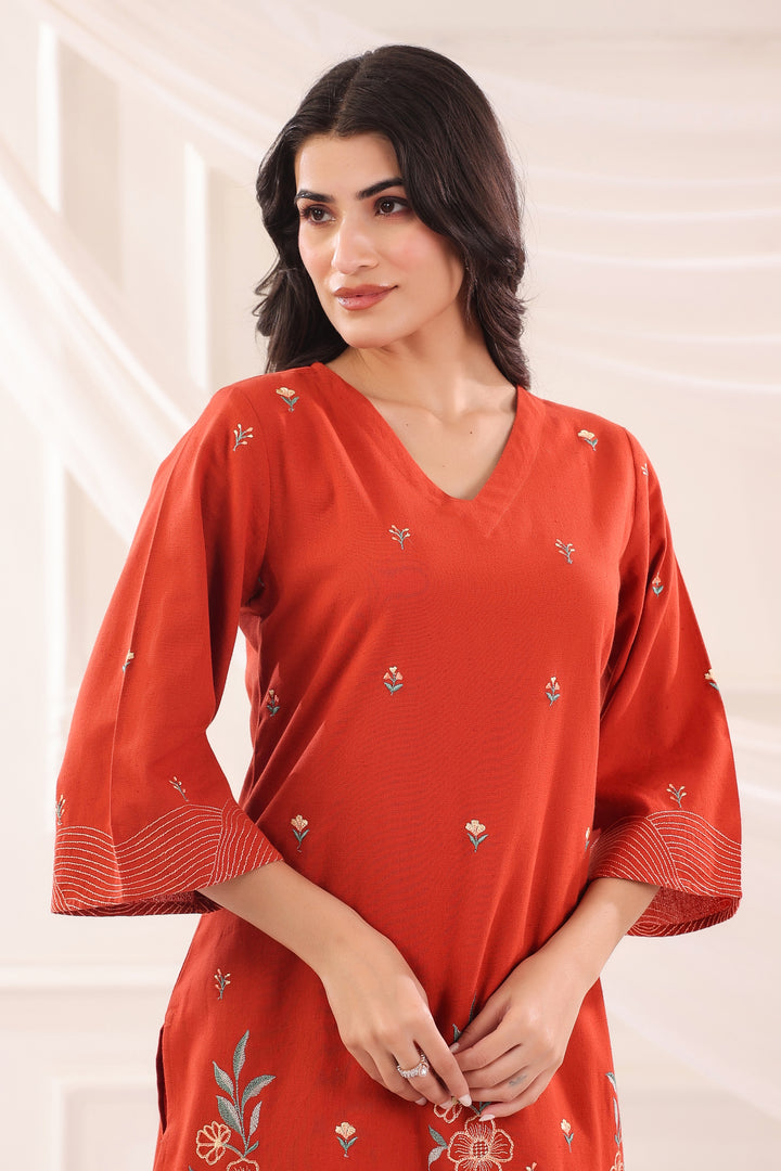 Rust Cotton Flex Embroidered Designer Kurta Pant Set