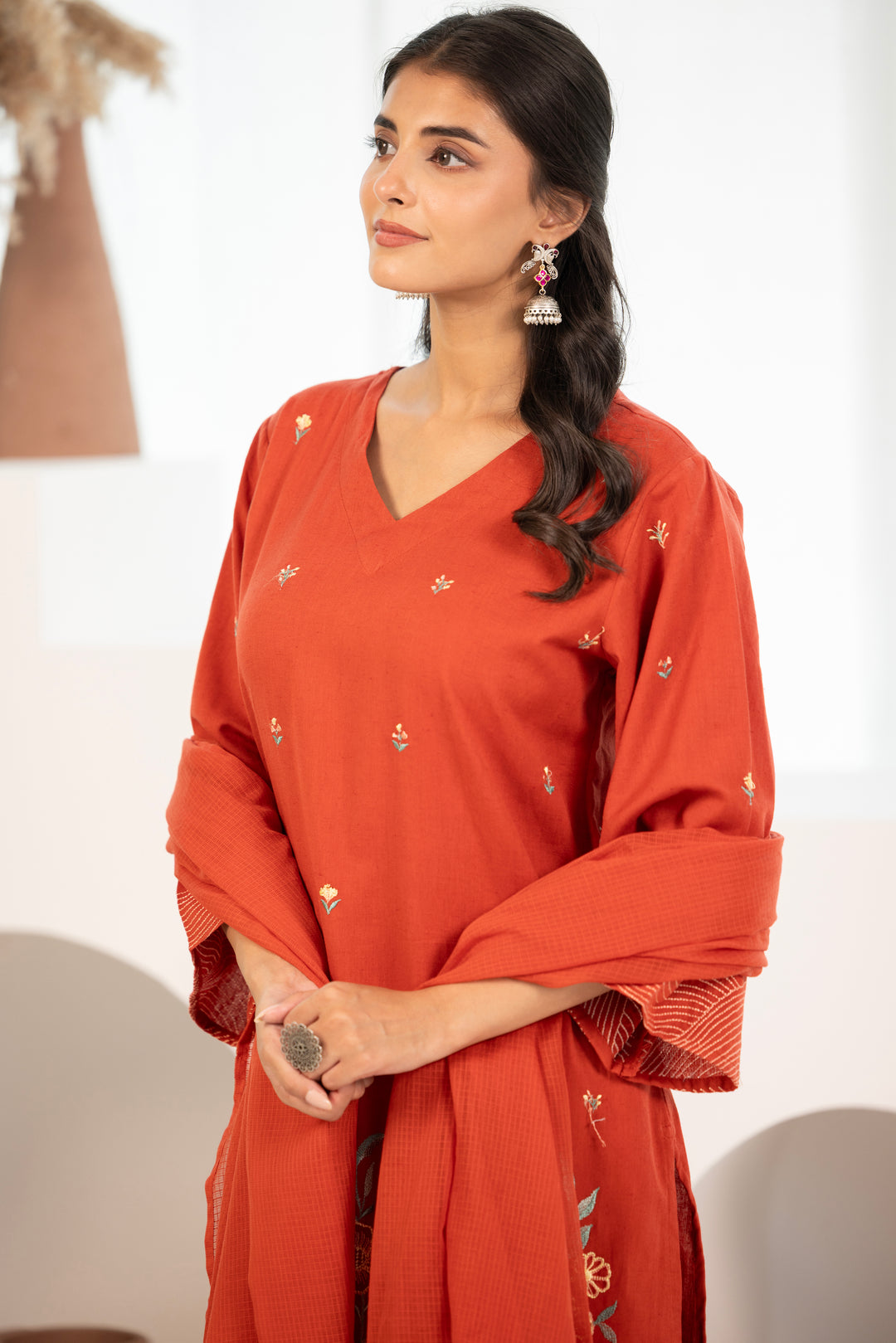 Rust Cotton Flex Embroidered Designer Kurta Pant With Dupatta Set