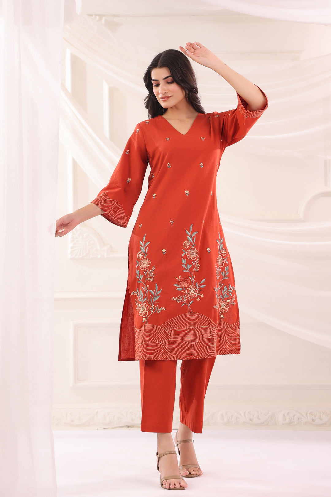 Rust Cotton Flex Embroidered Designer Kurta Pant Set