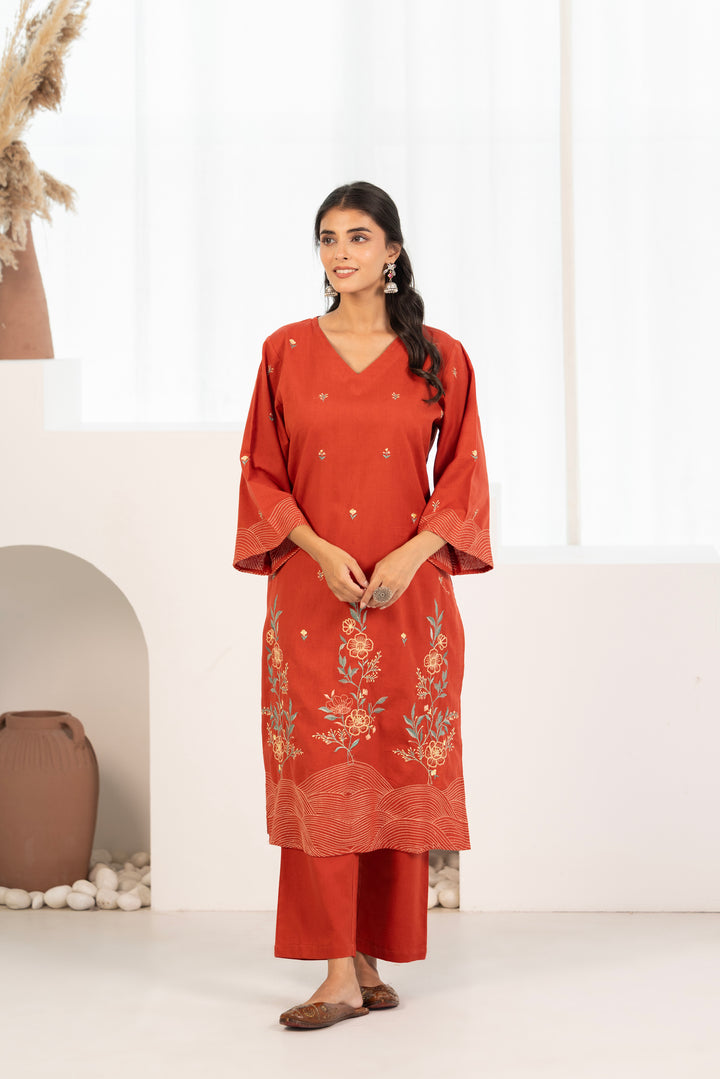 Rust Cotton Flex Embroidered Designer Kurta Pant With Dupatta Set