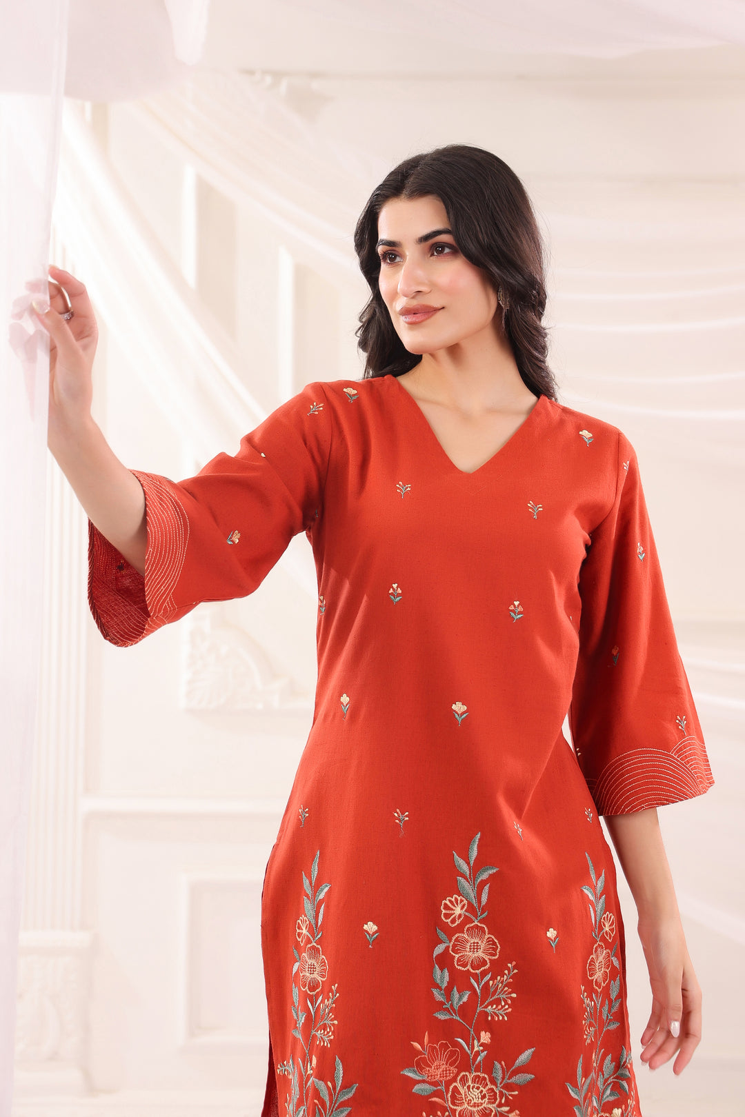 Rust Cotton Flex Embroidered Designer Kurta Pant Set