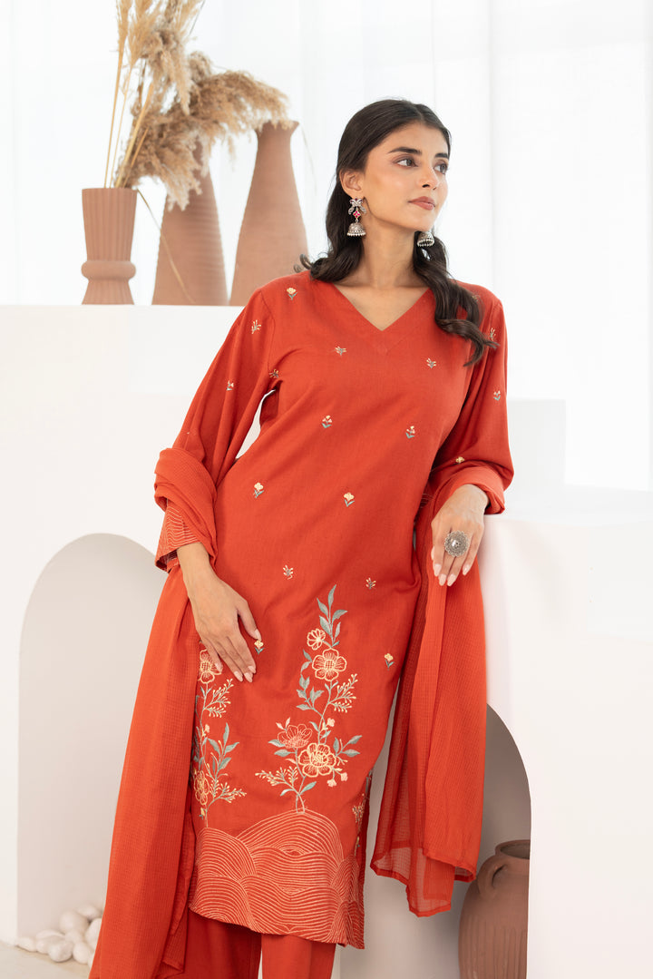 Rust Cotton Flex Embroidered Designer Kurta Pant With Dupatta Set