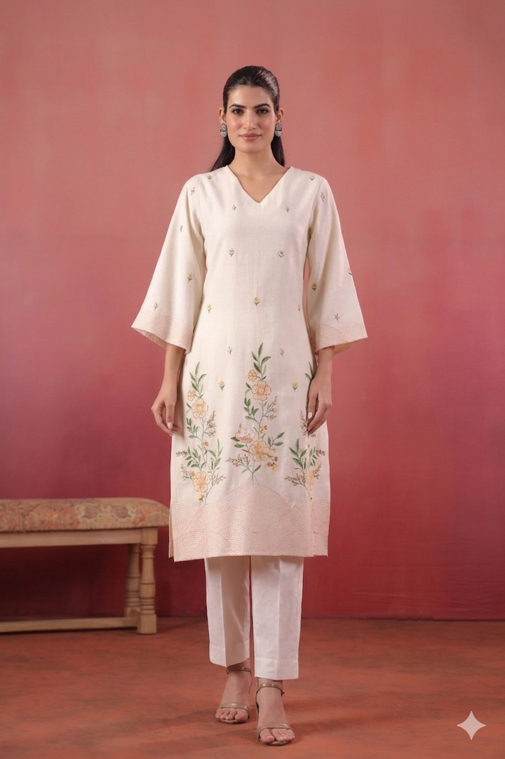 Polyester White Embroidered Designer Kurta Pant Set