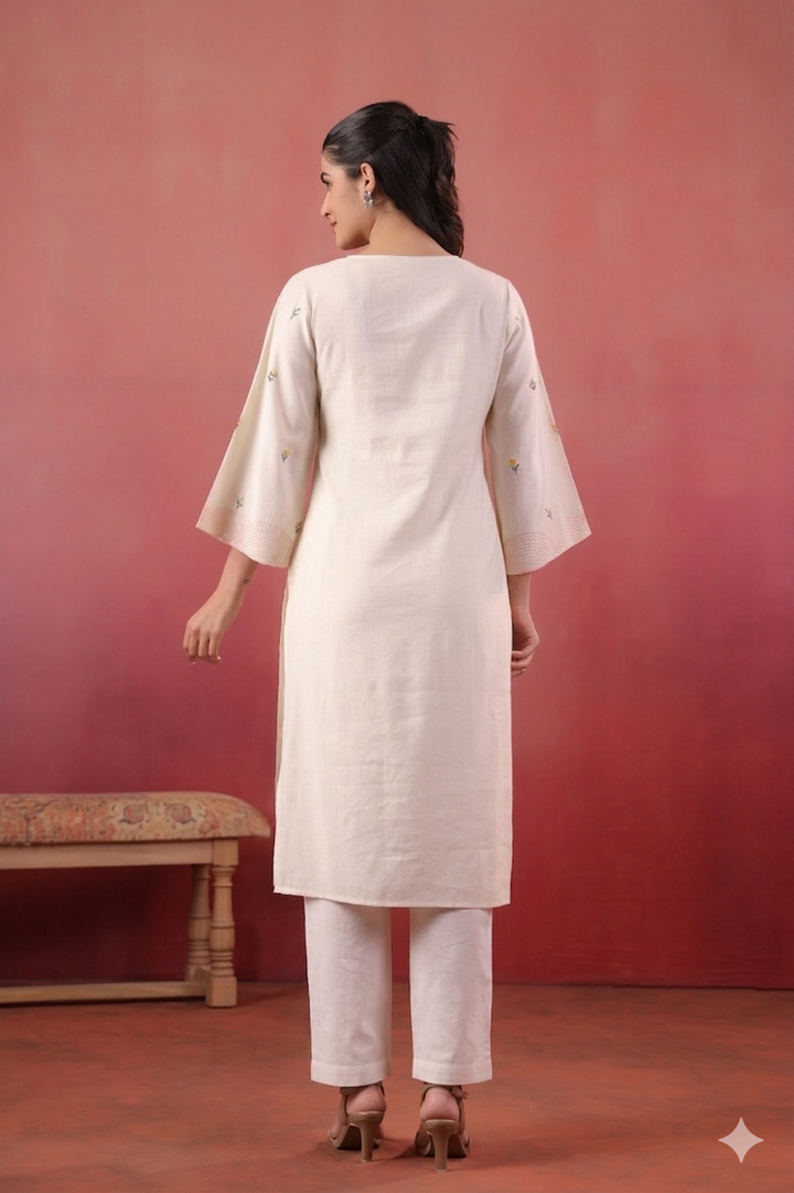 Polyester White Embroidered Designer Kurta Pant Set