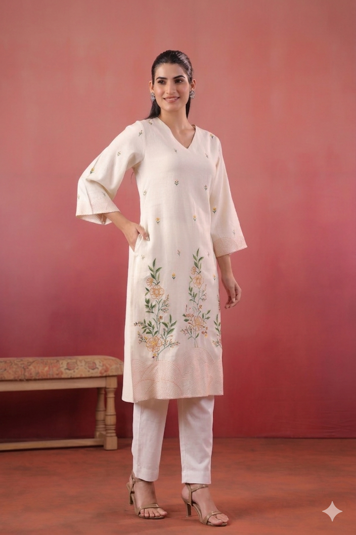 Polyester White Embroidered Designer Kurta Pant Set
