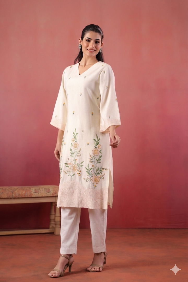 Polyester White Embroidered Designer Kurta Pant Set