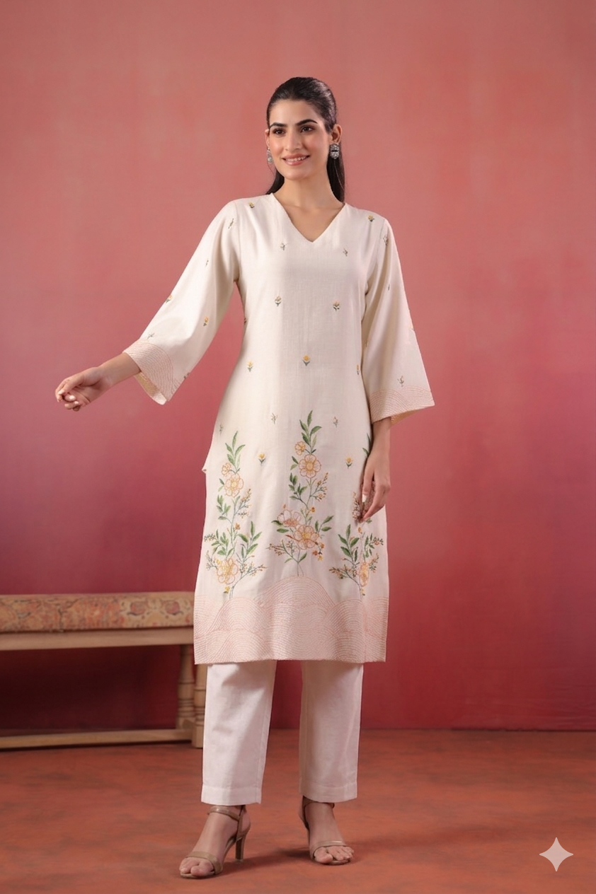 Polyester White Embroidered Designer Kurta Pant Set
