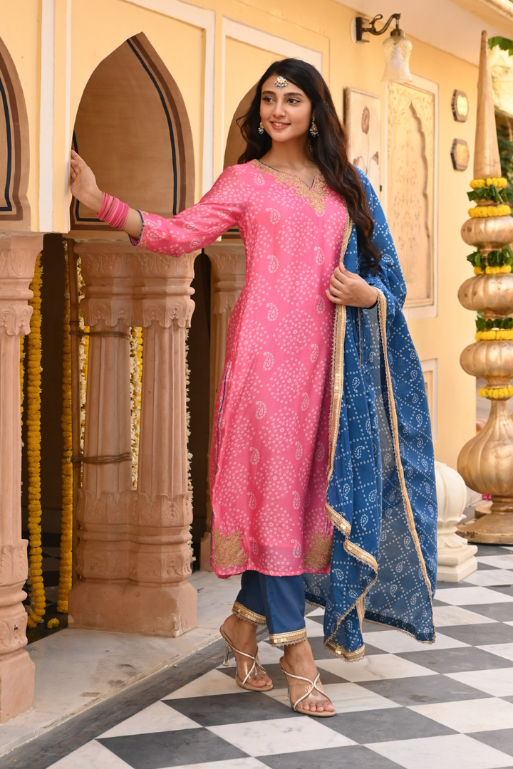 Pink Chanderi Embroidered Kurta Pant Set With Dupatta