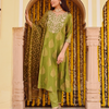Olive Green Chanderi Gold Print A-Line Kurta Set with Dupatta