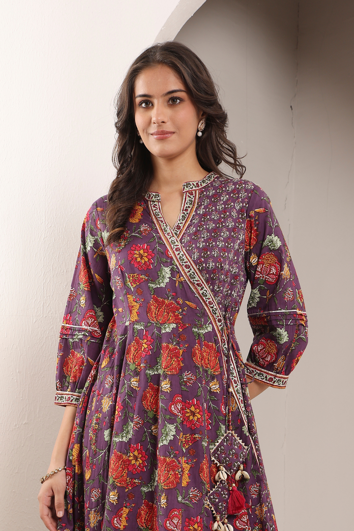 Purple Cotton Printed Embellished Designer Angrakha Suit Set