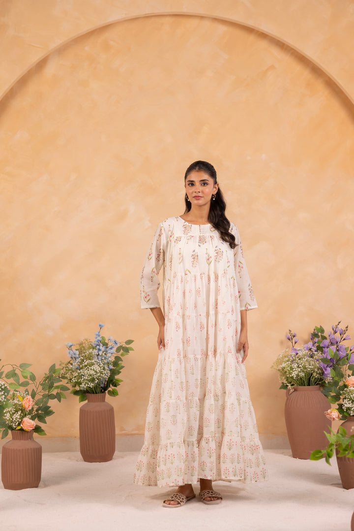 Off White Mul Chanderi Printed Designer Dress