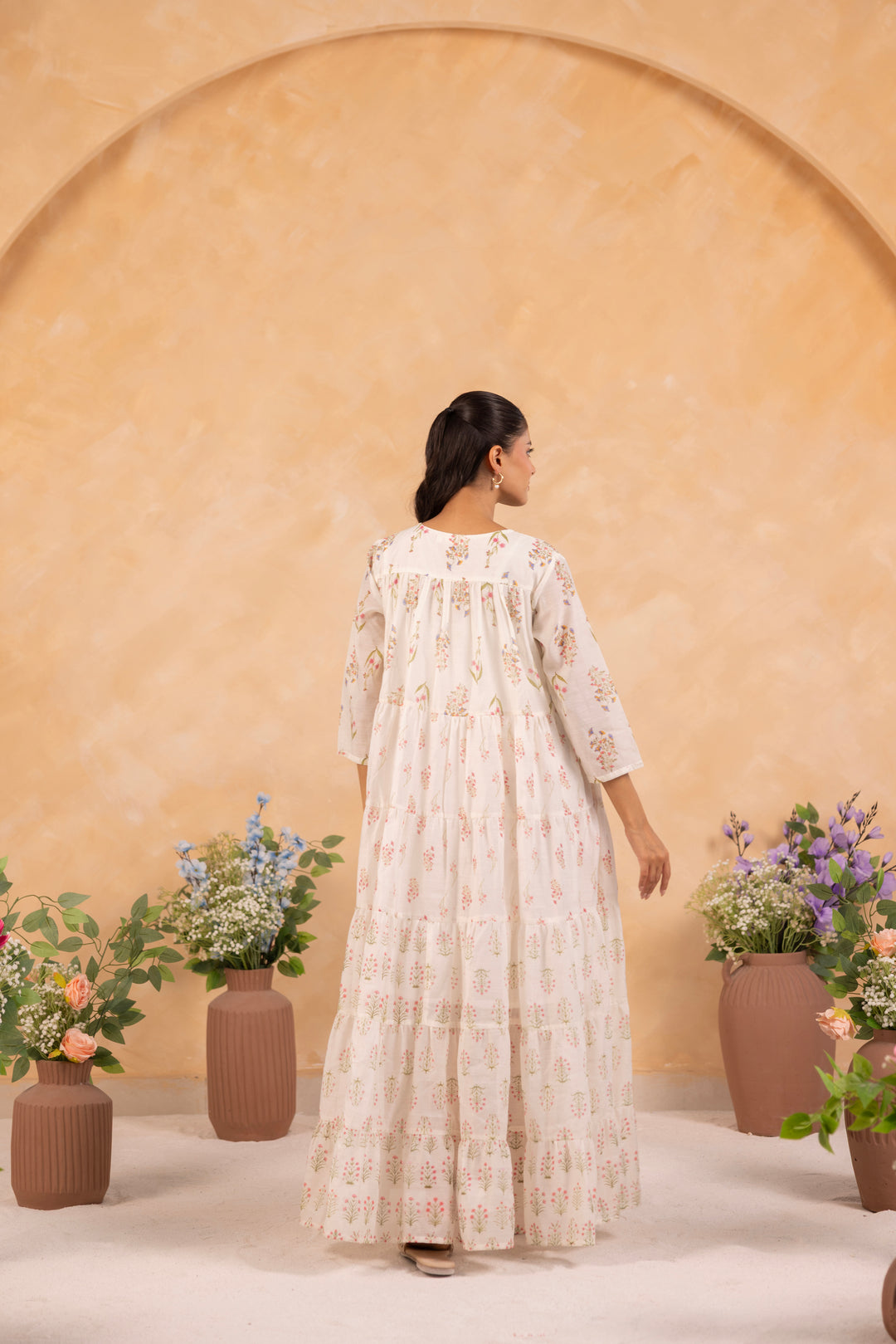 Off White Mul Chanderi Printed Designer Dress