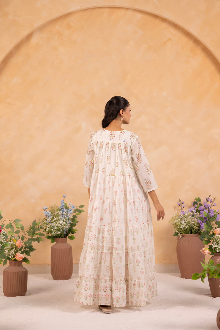 Off White Mul Chanderi Printed Designer Dress